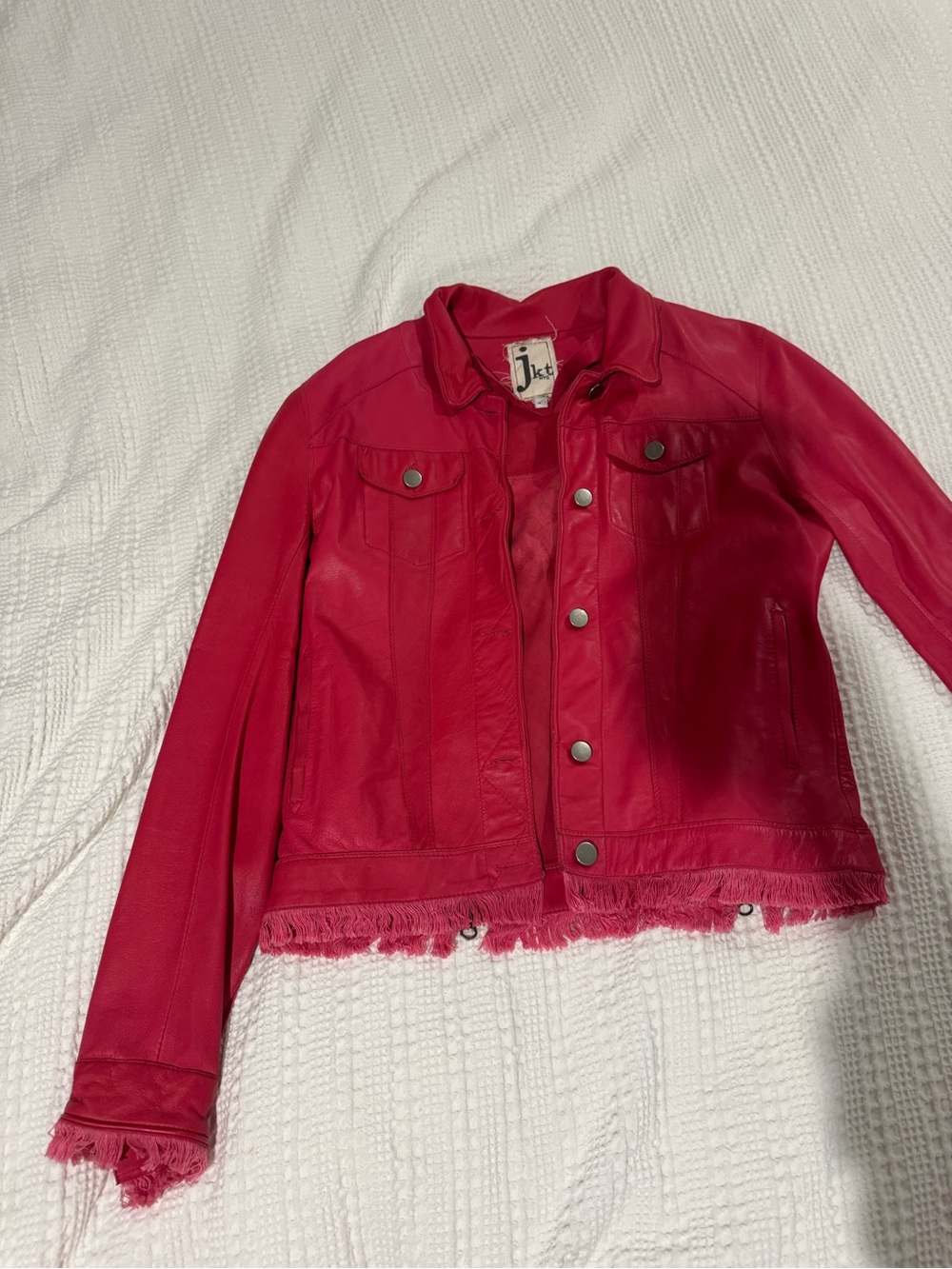 Women’s Hot Pink Leather Fringe-Hem Jean Jacket